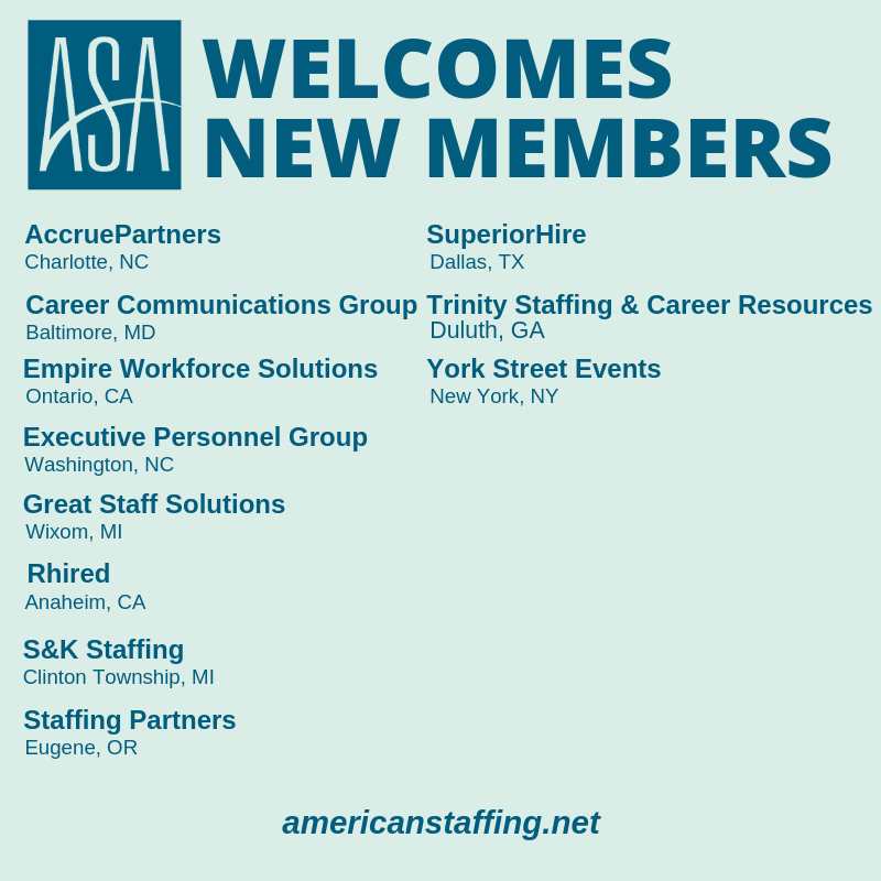 StaffingTweets's tweet photo. Welcome! Please let us know if you have questions about how to best take advantage of your new ASA membership @accruepartners, Career Communications Group, Empire Workforce Solutions, Executive Personnel Group & GreatStaff Solutions LLC https://t.co/idLH97hpVh #MyASA #Staffing https://t.co/YzX7272BNs