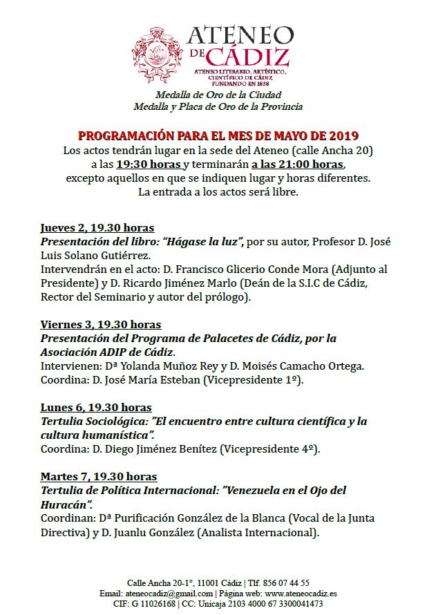 AteneoCadiz's tweet photo. Aquí nuestras nuevas actividades programadas para este mes de Mayo de 2019. ¡Esperamos que sean de tu interés animándote a participar!
#AteneoCádiz #Ateneo #Cádiz #Cádizhoy #programación #programa #actividad #ActividadesProgramadas #mayo https://t.co/pHp8y7olbc