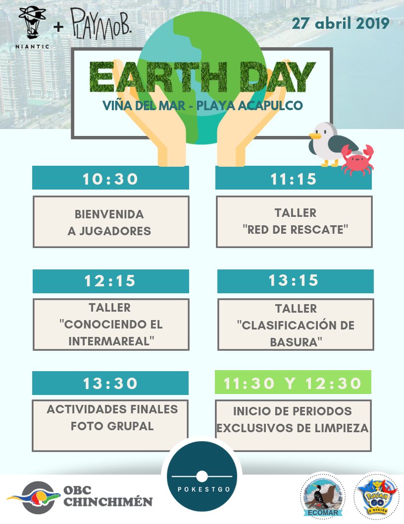 pokestgo's tweet photo. ¡Mañana es el gran día! Dejamos con ustedes el cronograma para el evento Día de la Tierra en Playa Acapulco, Viña del Mar. Además de la actividad de limpieza tendremos concursos, talleres y actividades sorpresa. Los esperamos desde las 10:00 hrs.
#PokemonGO #pokestgo #EarthDay https://t.co/jK5Y0ychVp