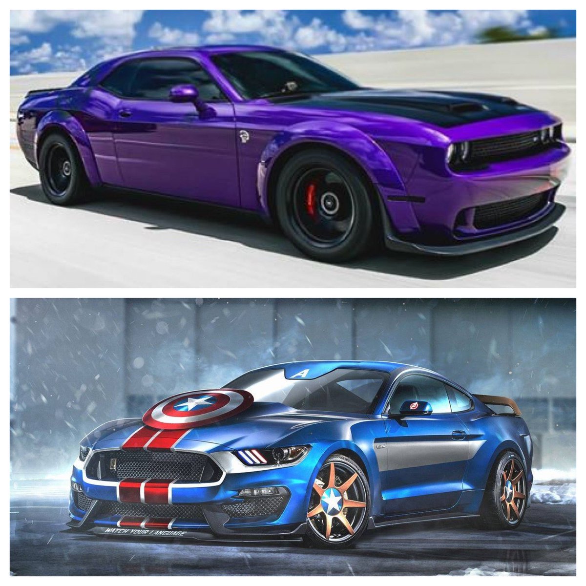 CARAutoReports's tweet photo. For this #FaceOffFriday we have a battle that many of us will be seeing on the Big Screen, a Thanos themed Dodge Demon and a Captain America stylized Shelby Cobra Mustang. The Mad Titan or The Star Spangled Avenger, take your pick.
#CAR #AvengersEndgame #Marvel #BeMobile https://t.co/v8bnCQnFAE