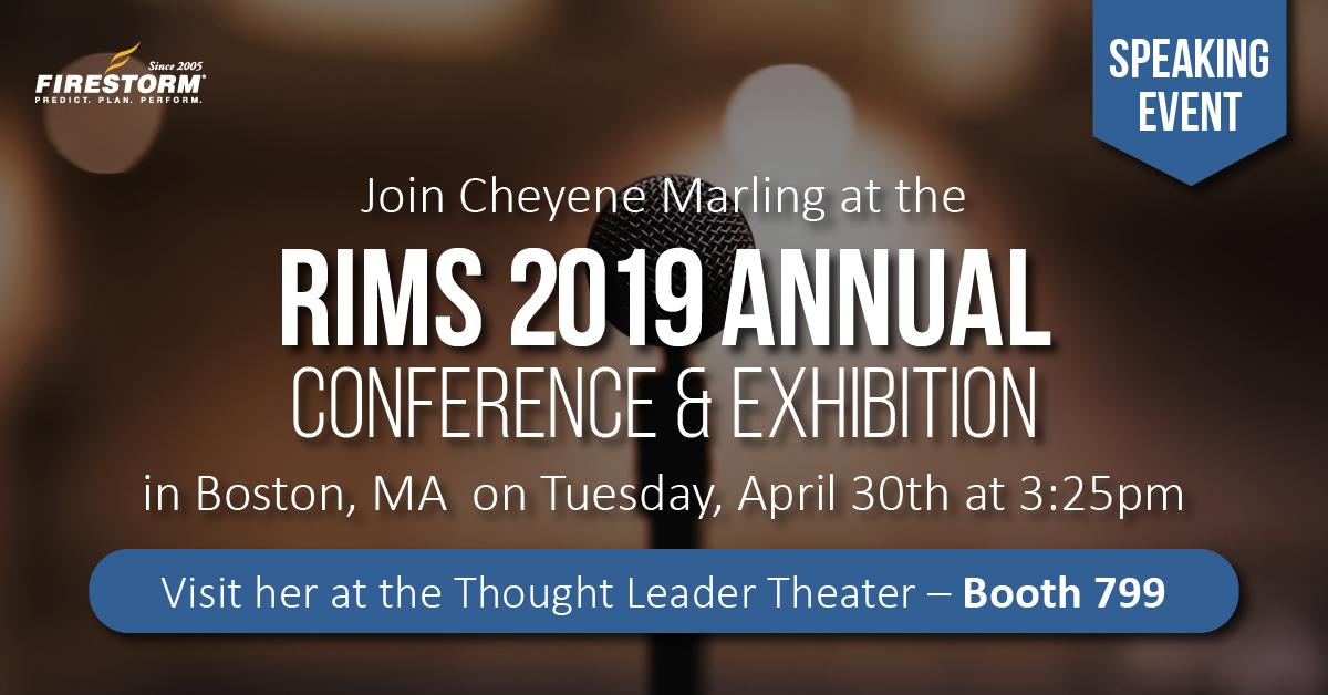 Will you be attending the RIMS conference in Boston next week? Firestorm EVP, Cheyene Marling, will be presenting Tuesday, April 30th, at 3:25PM on “The Convergence between Business Continuity and Enterprise Risk Management”. 

Learn more: ow.ly/fYEo50raBuq