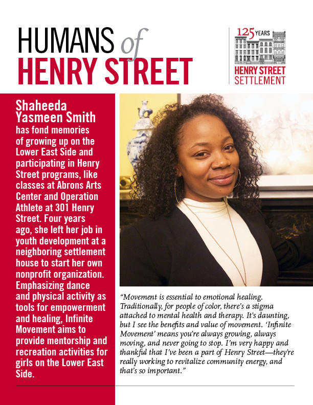 HenryStreet's tweet photo. "Always growing, always moving, and never going to stop"—Shaheeda Yasmeen Smith has been living these words ever since she was a young girl participating in Henry Street programs while growing up on the Lower East Side. #HumansOfHenryStreet https://t.co/tJhM2G9TBC