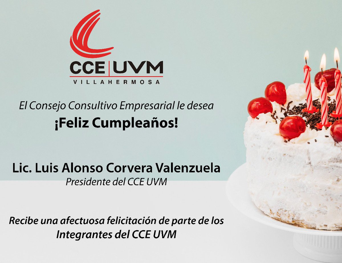 cceuvmvsa's tweet photo. Le enviamos una cálida felicitación a @LACorvera Presidente del Consejo Consultivo Empresarial UVM quien se encuentra celebrando un año más de vida el día de hoy, de parte de todos los integrantes del CCE UVM. https://t.co/xY2A6vRZoc