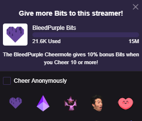 Spofie Envtuber Signal Boosting This New Twitch Feature According To The Bits Page Right Now If You Use The Bleedpurple Cheermote With 10 Bits Or More It Counts As 10 More
