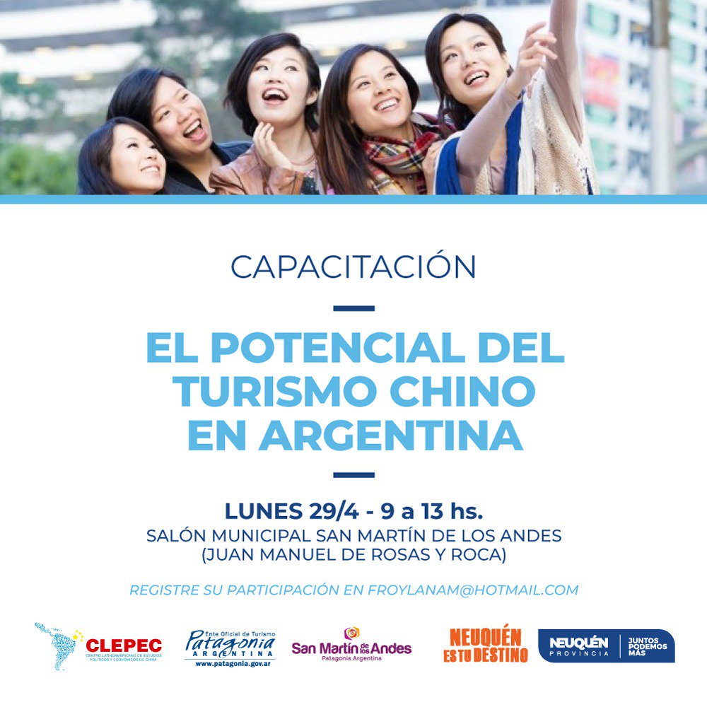 Lunes 29 y martes 30 de abril 👇
Capacitación: "El potencial del Turismo Chino en Argentina"
En San Martín de los Andes y Bariloche para prestadores turísticos patagónicos.
Inscripciones ⬇️