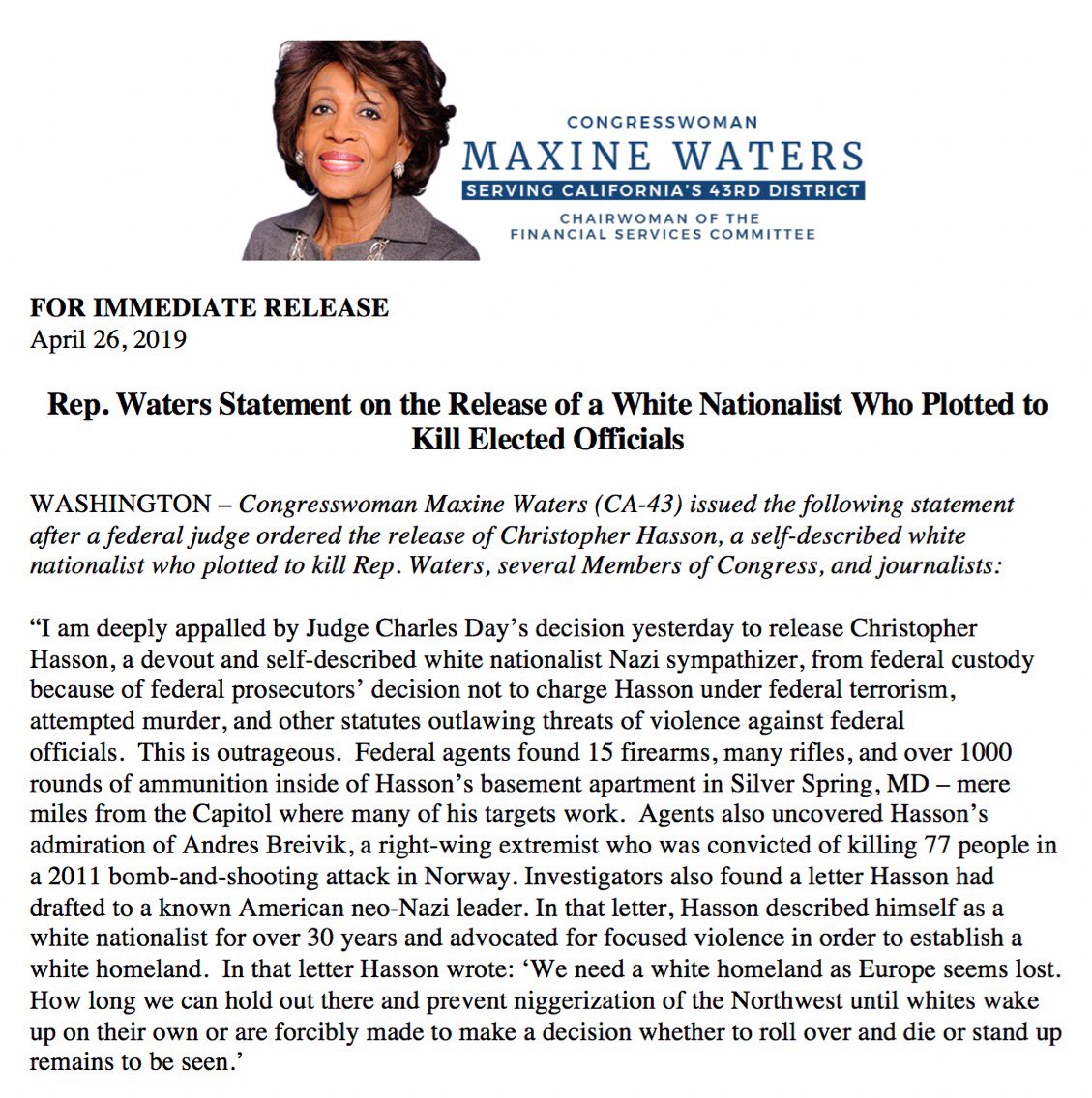 Outrage! Judge Day ordered release of a white supremacist who threatened to kill me, Speaker Pelosi, Leader Schumer, Rep. AOC, Rep. Omar, pres candidates, & journalists! 15 guns found in his home & he has ties to other neo-Nazis. Why is Barr silent? What must we do? My statement: