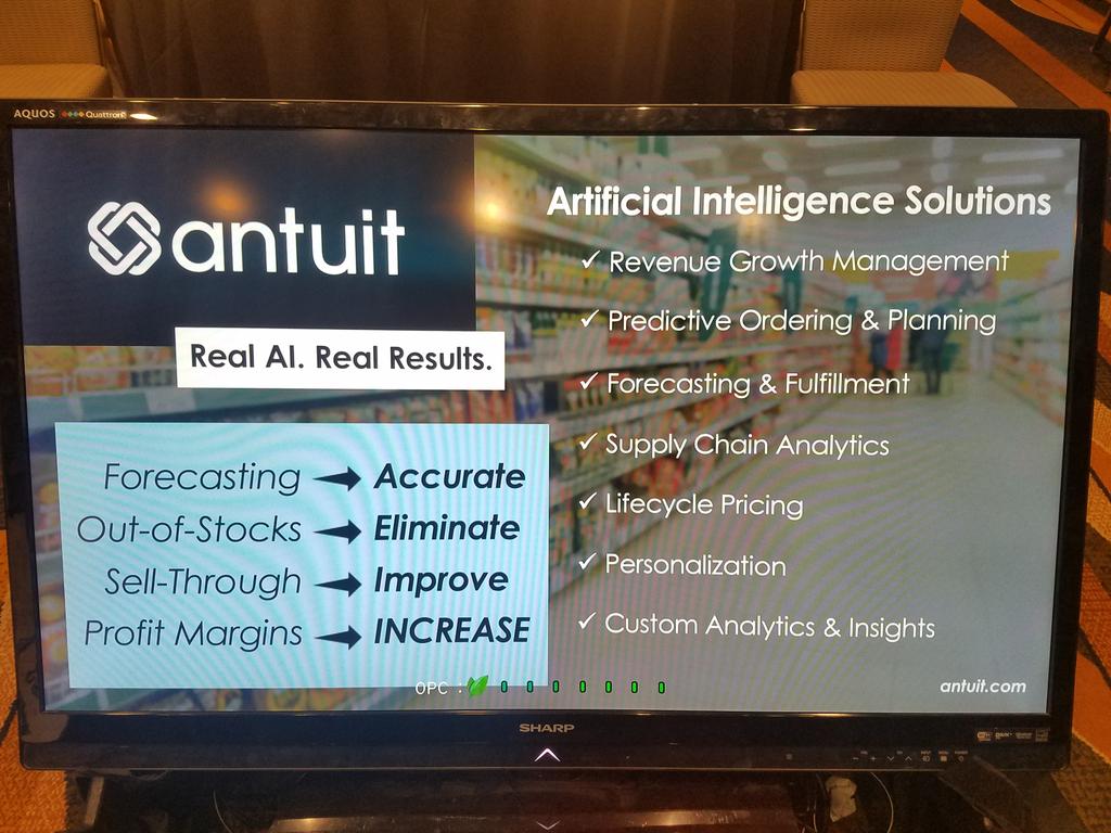 antuitAI's tweet photo. Great conference #RCAS19! We enjoyed meeting and talking with #CPG and #Retail executives. Thank you @CGTMagazine. https://t.co/SdNvVyncSl
#RealAIRealResults #AI #Machinelearning https://t.co/zA36vjg23T