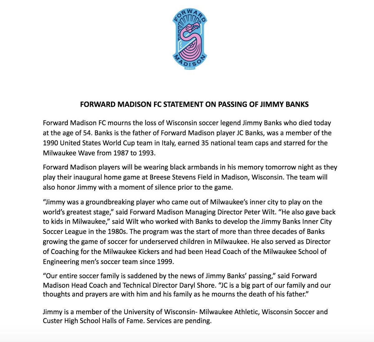ForwardMSNFC's tweet photo. Today we mourn the loss of a Wisconsin soccer legend, and the father of one of our players, Jimmy Banks. Jimmy was an incredible person &amp; amazing ambassador for the game in our state. Our thoughts &amp; condolences are with the Banks family at this difficult time. https://t.co/N3fANtoTcB