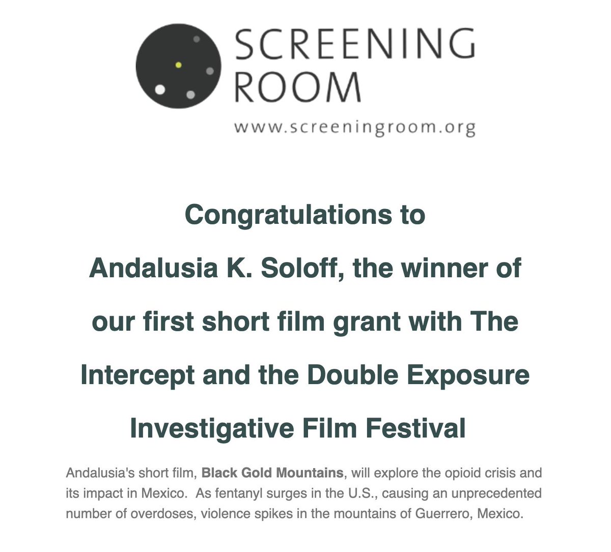Andalalucha (@andalalucha) on Twitter photo I am so grateful and excited that I am the winner of the investigative video grant of <a href="/theintercept/">The Intercept</a> <a href="/DX_IFF/">Double Exposure Investigative Film Festival & Symp</a> & <a href="/MyScreeningRoom/">ScreeningRoom</a> I will produce a mini doc Black Gold Mountains on how the opioid crisis in the U.S. has caused violence to surge in Guerrero, Mexico. I am so grateful and excited that I am the winner of the investigative video grant of <a href="/theintercept/">The Intercept</a> <a href="/DX_IFF/">Double Exposure Investigative Film Festival & Symp</a> & <a href="/MyScreeningRoom/">ScreeningRoom</a> I will produce a mini doc Black Gold Mountains on how the opioid crisis in the U.S. has caused violence to surge in Guerrero, Mexico.