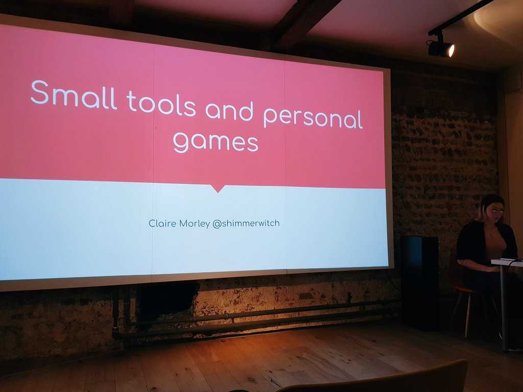 PressFiretoWin's tweet photo. Next, Claire Morley (@shimmerwitch) talks us through her favourite small tools. We love this: "The choices I had in big game engines stopped me from moving forward... Small tools allow me to make projects that don't get out of hand, that act like diary entries." #pixelsProsecco https://t.co/ZndcZtPiGU