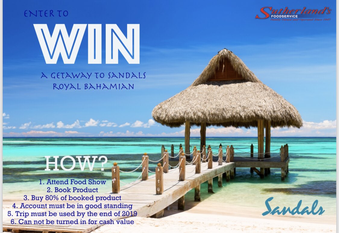 If you need a reason to attend our food show, here it is!! You have the chance to win a FREE all inclusive trip to the Sandals Royal Bahamian in Nassau, Bahamas! It can't get much better than that! So, please join us Wednesday, May 1st, from 10AM to 4PM! See you there!