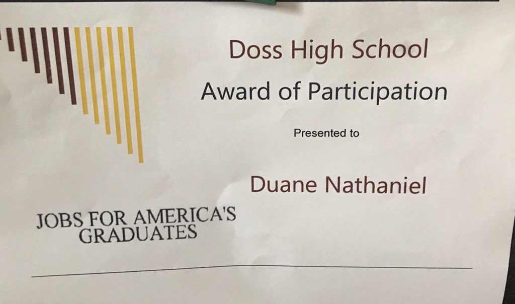 JAGkentucky's tweet photo. Congratulations to Duane Nathaniel, for receiving an award at the Doss HS Ring Ceremony!
Duane is Secretary for his JAG class and a two year member of the student Tech Team! Awesome job, Duane!
#DossHS #techteam #jagkyproud https://t.co/W0mulVGOrP