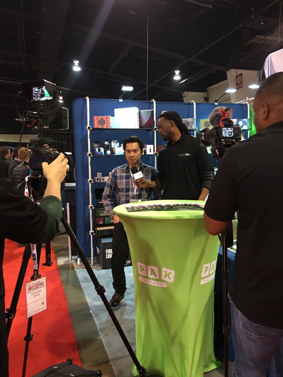PakFactory's tweet photo. Our very own Mark Velarga on-site and getting some media attention! Come by booth 246 and check out what we can do for your next packaging solution! #OCannabiz #PakFactory #custompackaging https://t.co/Obm307CcRS