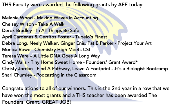 TupeloHigh's tweet photo. 🥳 THS teachers were awarded 10 grants by AEE this year. 🎉 Also, for the 2nd consecutive year, one of our teachers won the Founders' Grant (the largest grant awarded). Congrats to these teachers and THANK YOU @AEE_Tupelo #GoWave #TPSD https://t.co/ajchAZlVHe