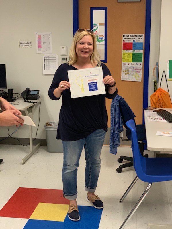 Goodbyes are hard, esp when they're to a wonderful educator. Today, #OurDigitalHays gave @TechShes Joanne Gries an Honorary Genius Educator Award to celebrate an incredible year of innovation in her classroom. Joanne is #100PercentHays! Happy trails! @zunigak13 #SHESShinesBright