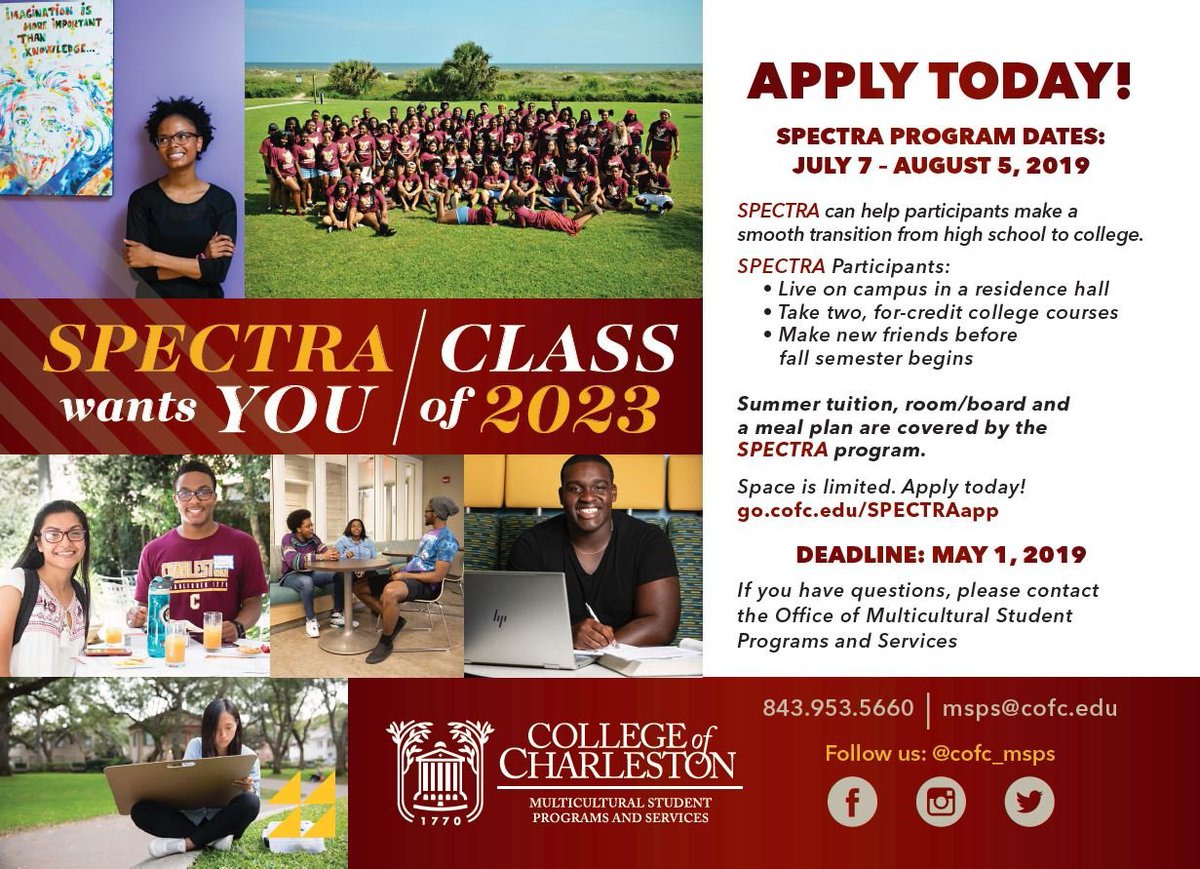 SPECTRA is a program that provides an academic and transition experience for African American, Latino, Asian, and Native American (AALANA) high school graduates accepted to CofC. Apply today! #cofc2023 #cofc23 #SPECTRA2023
Website Link: msps.cofc.edu/spectra/index.…
