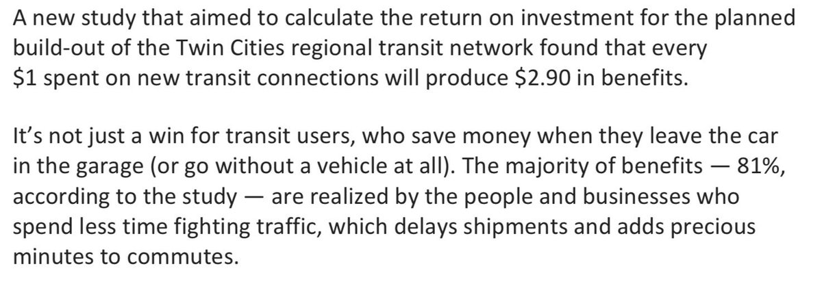 Headline is "For every $1 invested in transit, Twin Cities gets $2.90 in benefits." Great coverage (thx @mspbjnews). But # includes lots of others, incl. benefits to Greater MN freight coming to and through Cities.    bizjournals.com/twincities/new…  <a href="/MplsChamber/">Minneapolis Regional Chamber</a> #mnleg #transportation