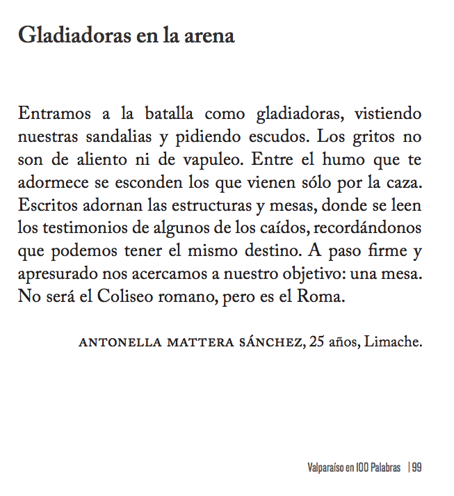 #cuentodeldía: "Gladiadoras en la arena", publicado en el libro con los mejores 100 cuentos de la versión IV de #valparaísoen100palabras