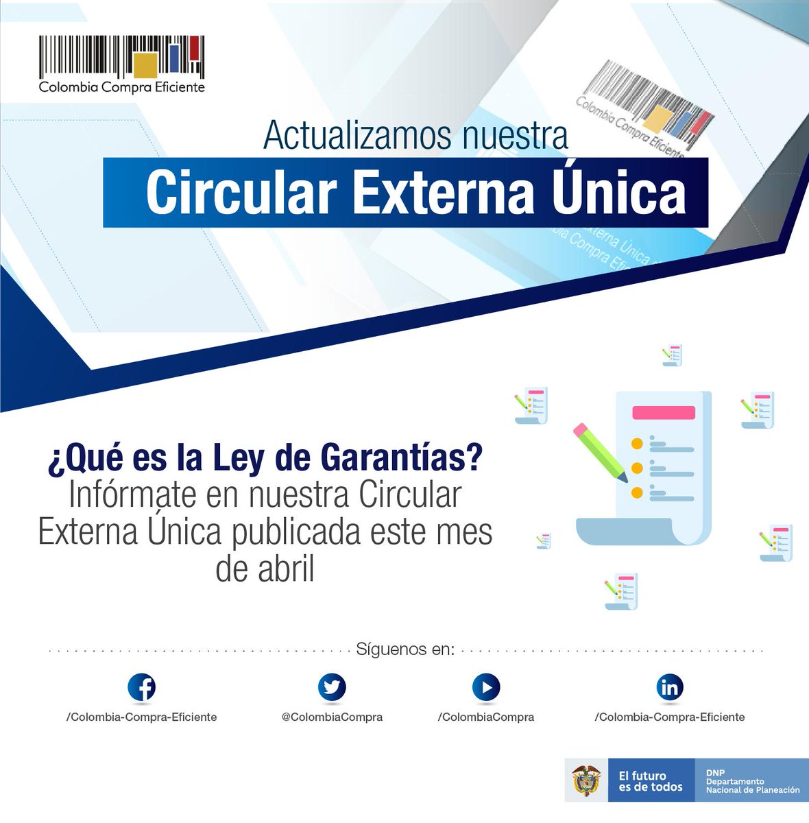 colombiacompra's tweet photo. 📣 Toda la información que debes saber sobre la Ley de Garantías la puedes encontrar en nuestra Circular Externa Única, recuerda que la actualización de este documento fue publicada durante este mes. Ingresa aquí 🔎 https://t.co/TvY7l3YVNj https://t.co/J58FT3BtnX