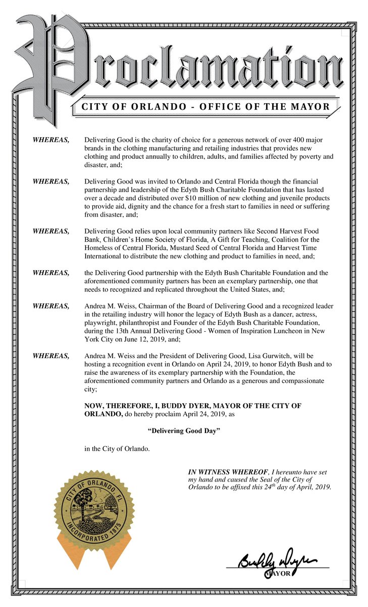 DeliveringGood's tweet photo. Thank you to @citybeautiful, @orlandomayor and @LisaPortelli for honoring #DeliveringGood’s impact in Central Florida by proclaiming April 24, 2019 as Delivering Good Day! We are grateful for the support of the #EdythBushCharitableFoundation, @agift4teaching & @MustardSeedofFL. https://t.co/IpzPZRVlVp