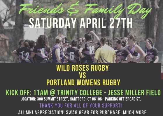 Game Update: Slight changes in game location tomorrow. 

Time: 4/27 @ 11AM
Field location: Trinity College - Jesse Miller Field
Address: 300 Summit St., Hartford CT 06106. 
Parking: Across the street- Broad St. Parking Lot