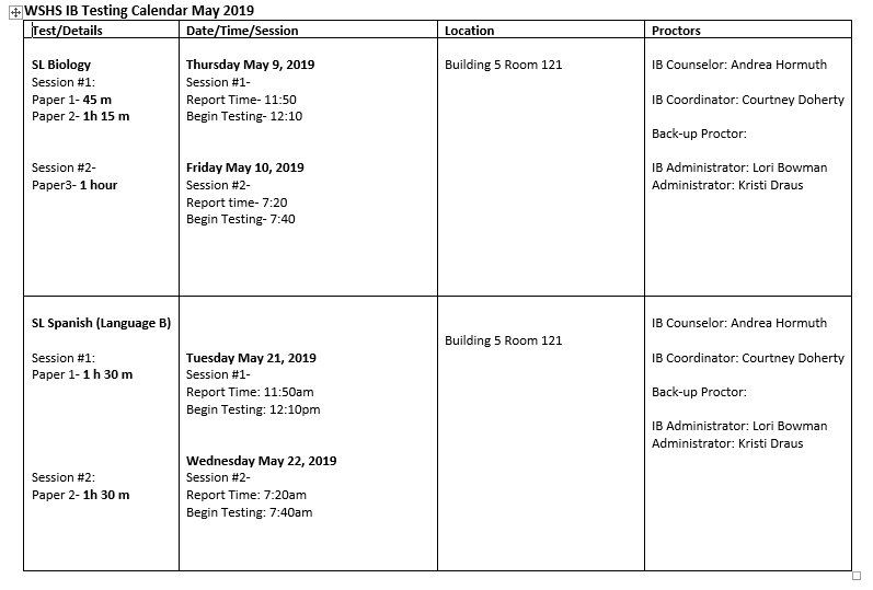 WSHSIBOdoherty's tweet photo. IB Juniors in SL Biology or SL Spanish!  You have received this calendar already, but here are the testing dates again!  You can also find these on the IB Testing power point found on the WSHS webpage!

@Petes_dragons 
@CounselorWSHS https://t.co/w34ygr0hne