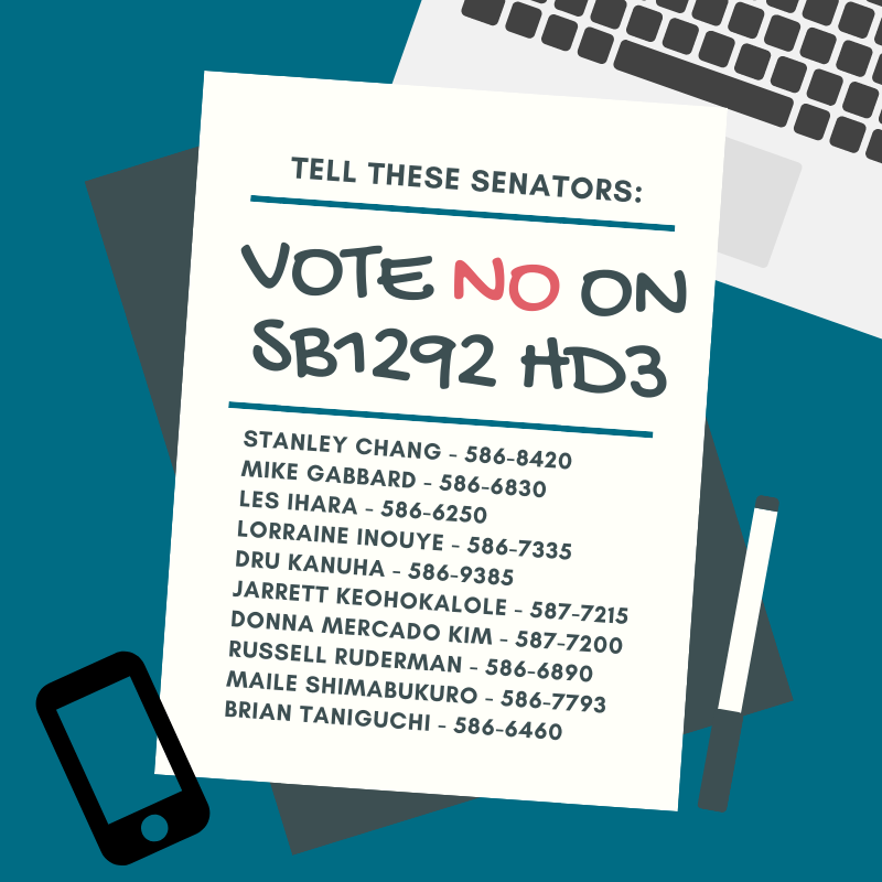 Yesterday, State Senate voted yes on SB1292 HD3. This is a BAD BILL that would legitimize illegal vacation rentals. Senate is taking a final vote TODAY (Fri. 4/26). Please do this by 4pm:
- Email them: aikeahawaii.org/tonight-final-…
- Call these senators who voted yes with reservations: