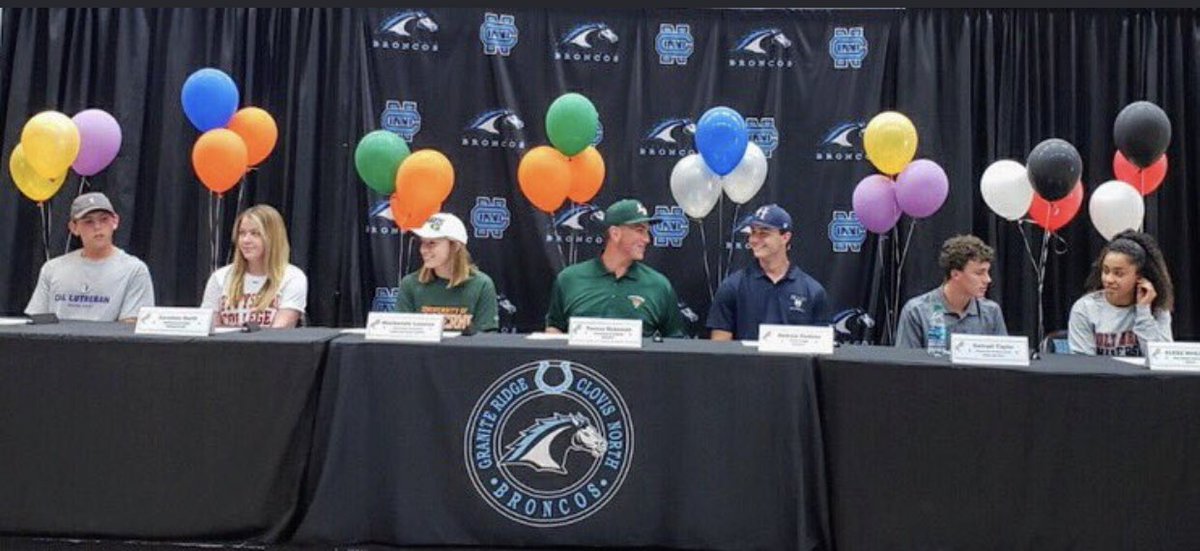 Clovis North Broncos NLI signing day
1) Holden Crosina-Sahm, Cal Lutheran 🤽‍♂️ Water Polo 

2) Caroline Kurtt, Gettysburg College, 🏌️‍♀️ Golf
 
3) Mackenzie Lazarus, Laverne University 🏃🏽‍♀️ 🏃🏽‍♀️ Track 

4)Tanner McKenzie , Laverne University, ⚾️ Baseball