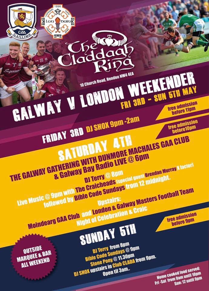 Please RT Championship starts next weekend.Join us in North London the night before the game <a href="/milltown_gaa/">Milltown GAA Galway</a> <a href="/HoranLiam/">Liam Horan</a> <a href="/EddieHoareFG/">Cllr. Eddie Hoare</a> <a href="/theirishpost/">The Irish Post</a> <a href="/CladdaghRingPub/">TheCladdaghRing</a> <a href="/diarmaidblake/">Diarmaid Blake (The Money Maximiser)</a> <a href="/KilburnGaels/">Kilburn Gaels</a> <a href="/TuamHerald/">Tuam Herald</a> <a href="/SeanCanney/">Sean Canney TD</a> <a href="/ciarancannon/">Ciaran Cannon</a> <a href="/saveciaranmurph/">Ciarán Murphy</a>