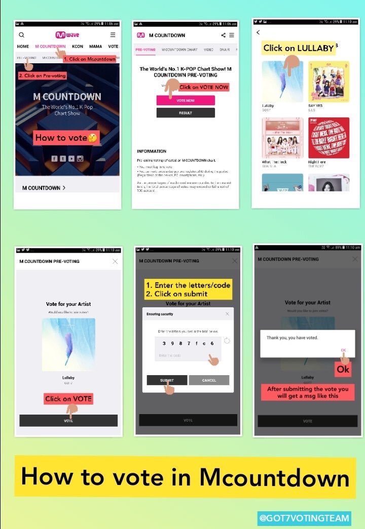 MCOUNTDOWN:To vote for Mcountdown you will need the Mwave app! Here are the links to download the app for iOS and Android!iOS:  https://goo.gl/xpkrii Android:  https://goo.gl/6H5sTF How to login and vote! You can use multiple social media accounts to vote!