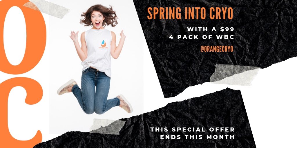 Times almost up! Spring into Orange Cryo Wellness and get a 4 pack of whole body cryo for just $99 ($145 value) or an 8 pack of whole body cryo for just $189 ($275 value)! Both packages must be used within 30 days of purchase and are available for purchase 4/1-4/30.