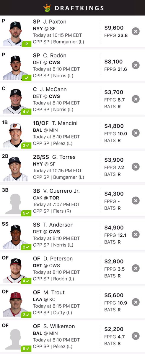MoneyTimeDFS's tweet photo. Tonight’s MLB lines! LIKE if using! #mlb #dfs #mlbdfs #fanduel #draftkings #dk #fd #fdmlb #dkmlb #freedfslines https://t.co/uChwd1Qeyr