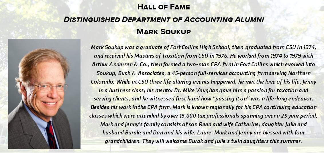 We are getting excited to celebrate our students, alumni, and faculty at this years Accounting Awards Banquet next week! We would like to announce Mark Soukup as a recipient of the Distinguished Alumni of the Department of Accounting award!