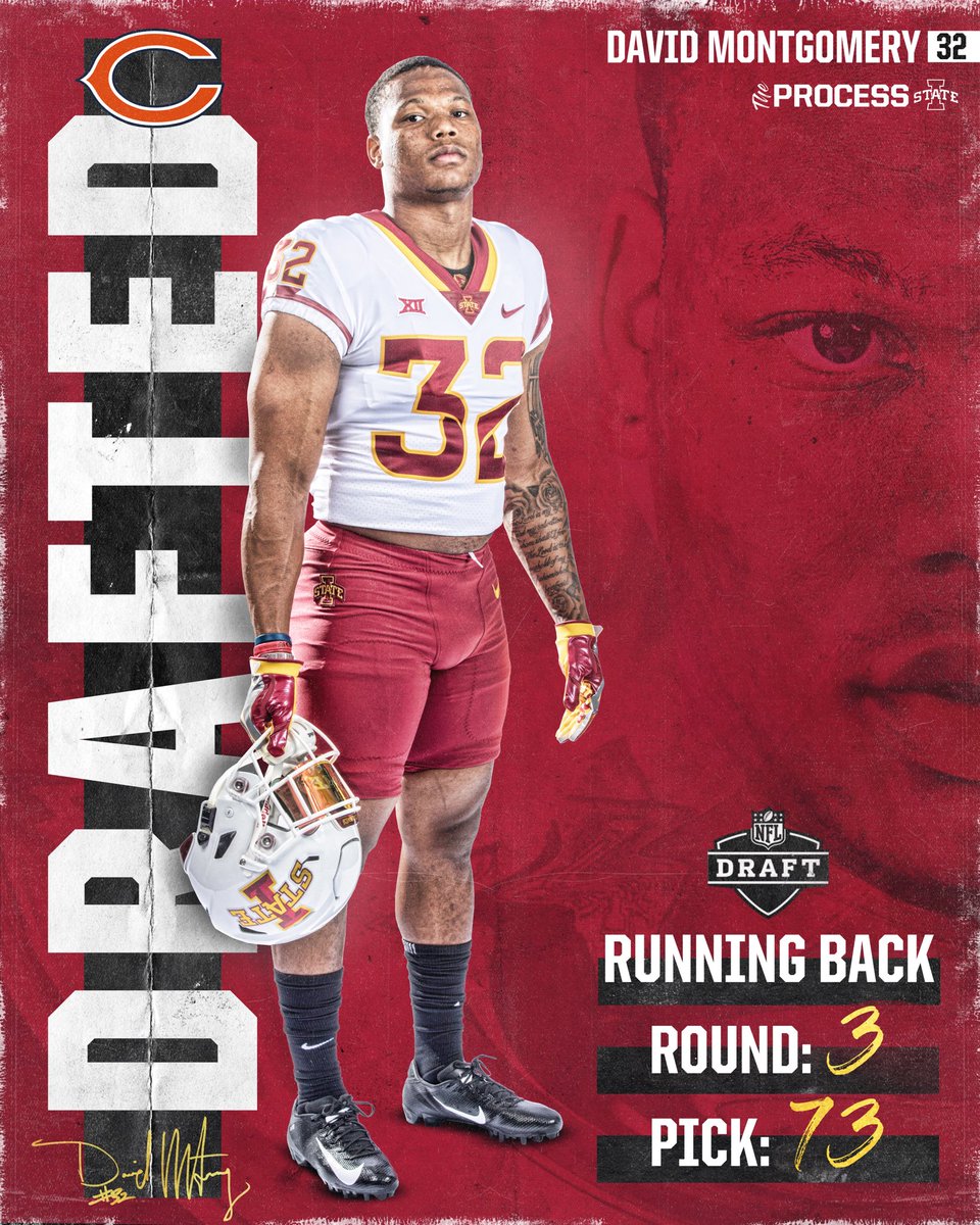 Ames➡Chicago With the 73rd pick of the 2019 NFL Draft, the Chicago Bears select David Montgomery, running back from Iowa State. ⁦@MontgomerDavid⁩ #ProveIt #NFLDraft 🌪🚨🌪
