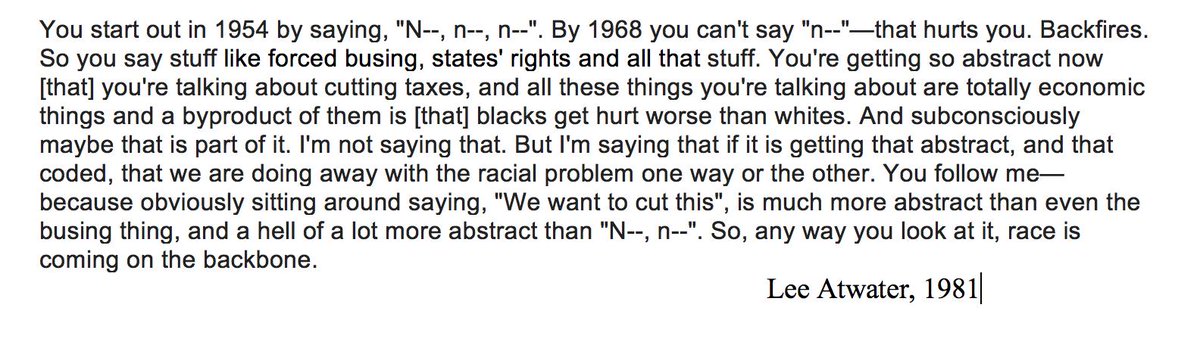 His strategist, Lee Atwater, spelled it out. Talk about tax cuts and people will hear racial dog whistles. It has been a key GOP strategy ever since. Reconstruction never ended. It set the weird twisting of race and class that continues to warp our national progress today. /25