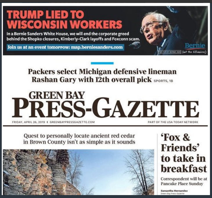 OOOlson's tweet photo. Bernie ran a front page ad in the Green Bay paper (@gbpressgazette)  ahead of Trump's rally of hate. This is how we start to wake people up  and turn the tide our way! #BernieInWI #Bernie2020 https://t.co/iVYKPKmbUn