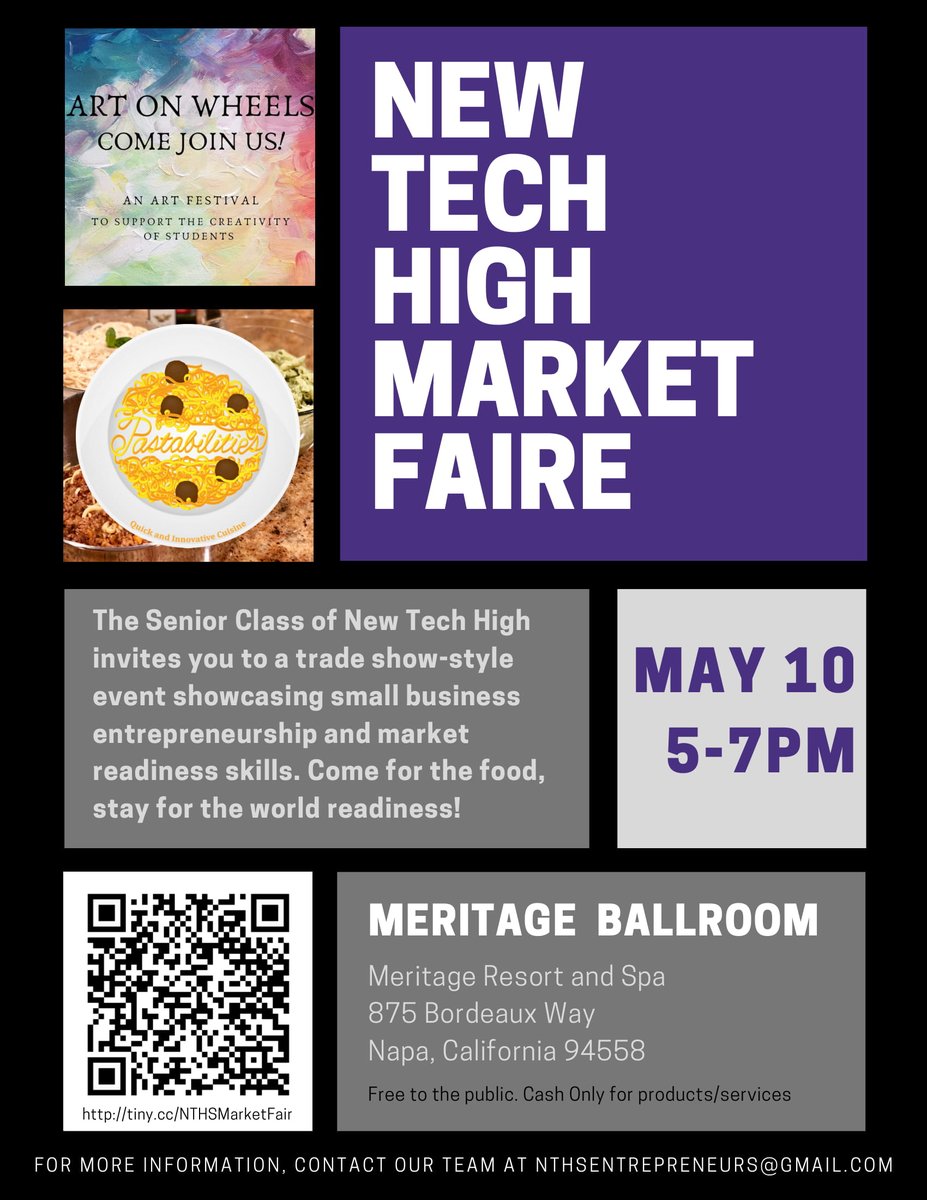 For the first time, the New Tech High Economics students will be selling their small business' products and services to a public audience at Meritage Resort. Please come and join us! #newtechhigh