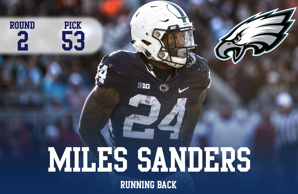 OnwardState's tweet photo. JUST IN: With the 53rd pick in the 2019 NFL Draft, the Philadelphia Eagles select... Miles Sanders! https://t.co/fB9n5NWJxW