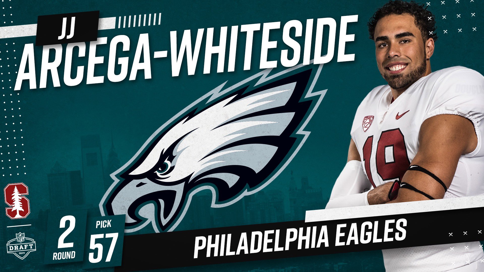 JJ Arteaga, en el anuncio de su elección por los Philadelphia Eagles (Foto: Stanford).