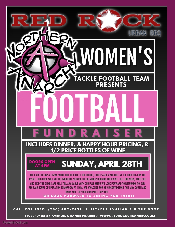 RedRockUrbanBBQ's tweet photo. @RedRockUrbanBBQ is hosting the Women's tackle football team Northern Anarchy - Football fundraiser
Tickets available @ the door.

@RedRockUrbanBBQ will be hosting the event SUNDAY, April 28th @6pm.

Take-out, delivery &amp; SkipTheDishes will still be available. https://t.co/jcxKELBmki