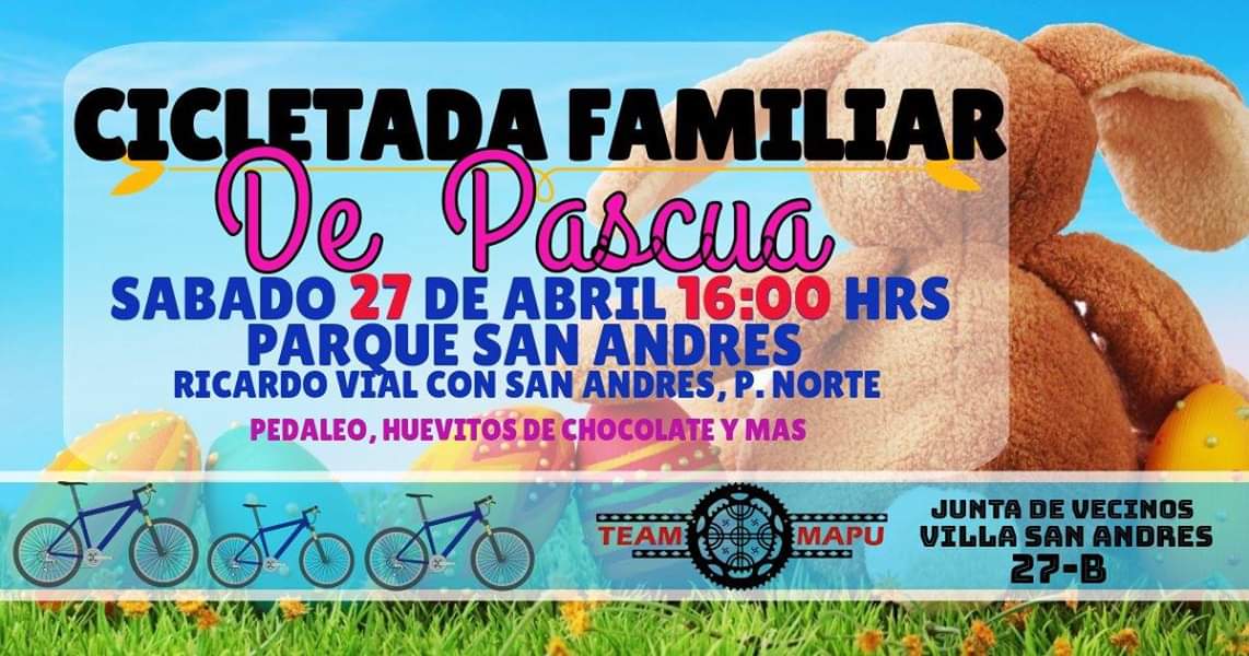 Mañana #CicletadaFamiliar De Pascua, a las 16:00 hrs en el Parque San Andrés (Ricardo Vial con San Andrés, P. Norte) en la comuna de Pudahuel, invitan los amigos de <a href="/team_mapu/">Team Mapu Pudahuel</a> recuerden sus elementos de seguridad y asistir con su bici en buenas condiciones mecánicas 😍🚴🚴🏻‍♀️