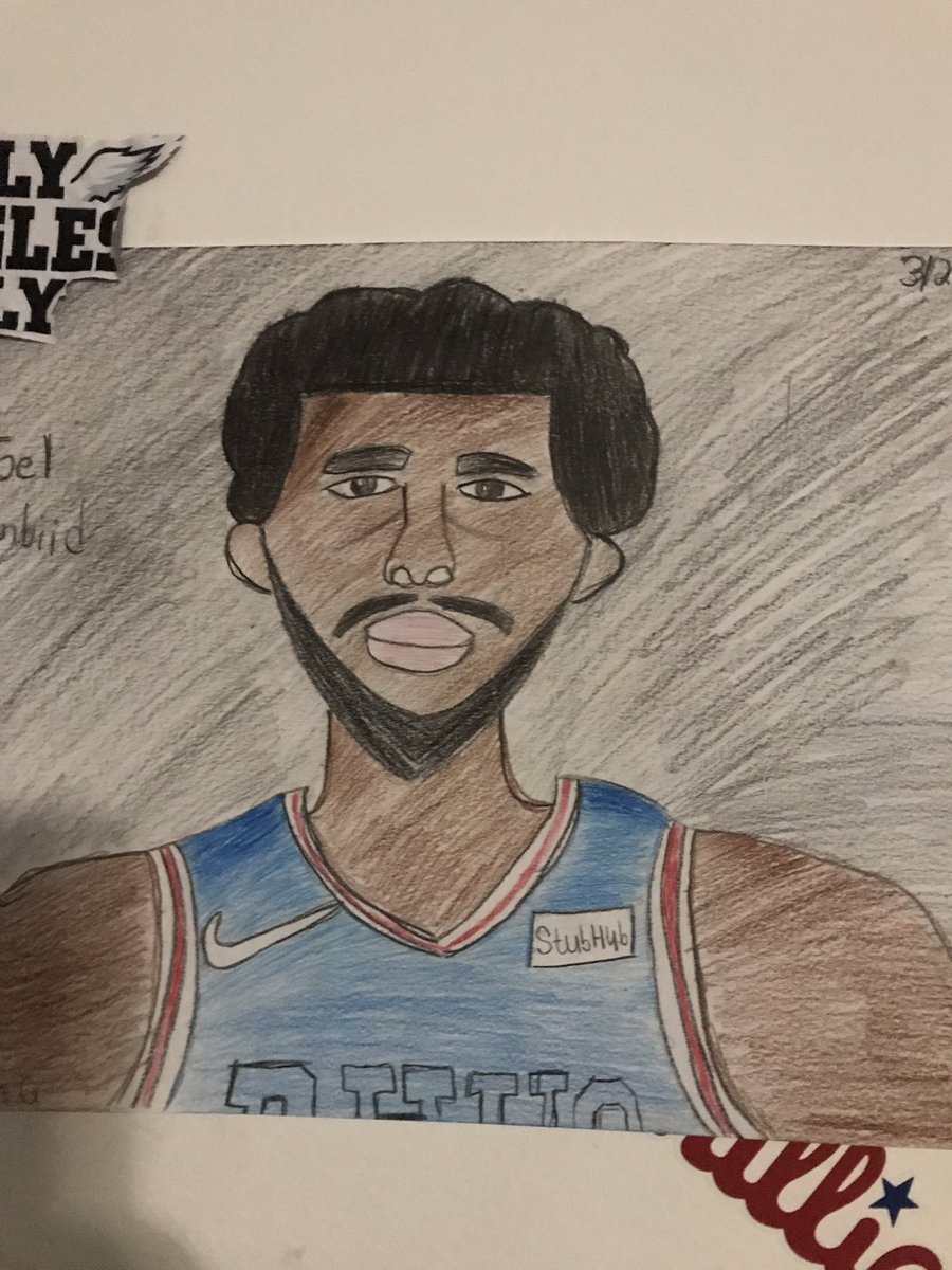 CrissyBorman's tweet photo. My kid has talent!  He drew @JoelEmbiid!  Even I was impressed.  I knew he could draw but WOW!  @sixers @NBCSPhilly #HereTheyCome #76ers #phillyphilly #NBAPlayoffs #NBATwitter #nba https://t.co/nS3O9t4AO6