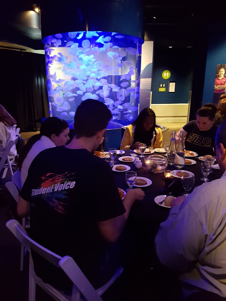BCPVPA's tweet photo. A 4D shark feature and a delicious dinner amidst the tanks, #BCStudentVoice day 1 is nearly complete ... til tomorrow! @oceanwise #supportoceanlearning https://t.co/c48YCpAijB