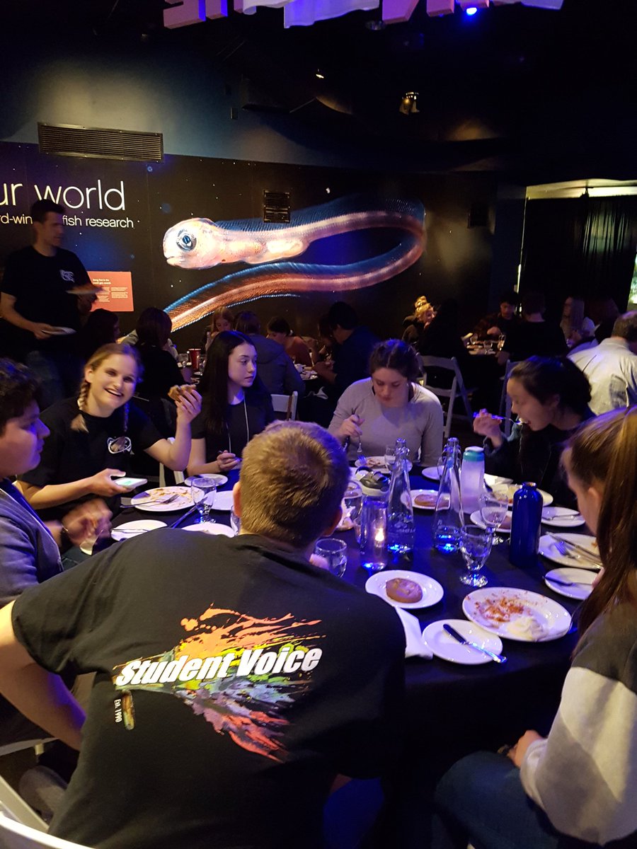 BCPVPA's tweet photo. A 4D shark feature and a delicious dinner amidst the tanks, #BCStudentVoice day 1 is nearly complete ... til tomorrow! @oceanwise #supportoceanlearning https://t.co/c48YCpAijB