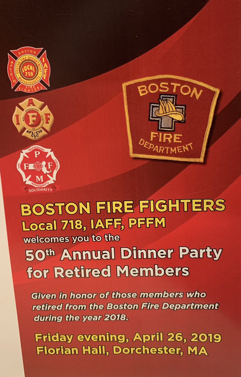 Honored to attend the 50th Annual Dinner Party for Retired Members of  <a href="/BostonFire/">Boston Fire Dept.</a> <a href="/LOCAL_718/">Boston Firefighters Local 718 IAFF</a>. Thank you to the retirees and your families for your dedicated service and sacrifice to the residents of the <a href="/CityOfBoston/">City of Boston</a>.