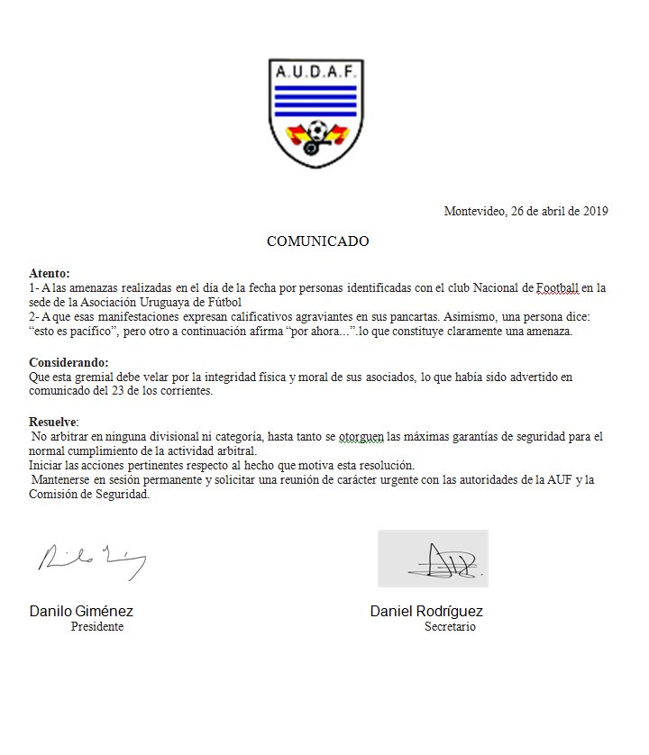Debido a la medida gremial adoptada por AUDAF, comunicada a la AUF en nota adjunta, la Asociación Uruguaya de Fútbol suspende la actividad prevista para este fin de semana en todas sus categorías y divisionales.