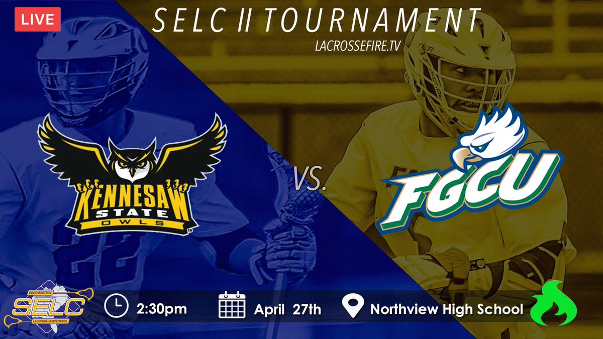 LacrosseFireTV's tweet photo. SELC Tournament - Division II Semifinal: Kennesaw State vs. FGCU

📅Sat., April 27
⏰2:30pm EST
📍Northview HS
📺https://t.co/ZybUgMUvei

@KSU_MLAX @fgcuLAX @KSUOwlNation @FGCUEagles 
@therealnedkaish @Csquiresuno https://t.co/vGXKRByM0R