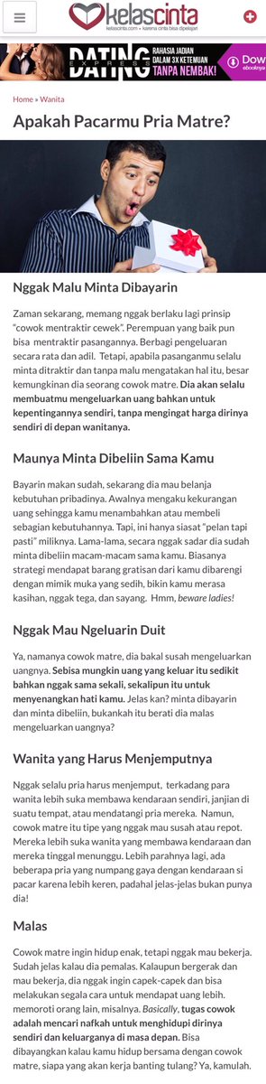 Pengen tahu cowok pelit atau gak itu cek aja dari seberapa sering dia memuji orang lain. Kalau kasih pujian yang gratis aja dia pelit, apalagi yang berbayar. Yekan? #Curheart