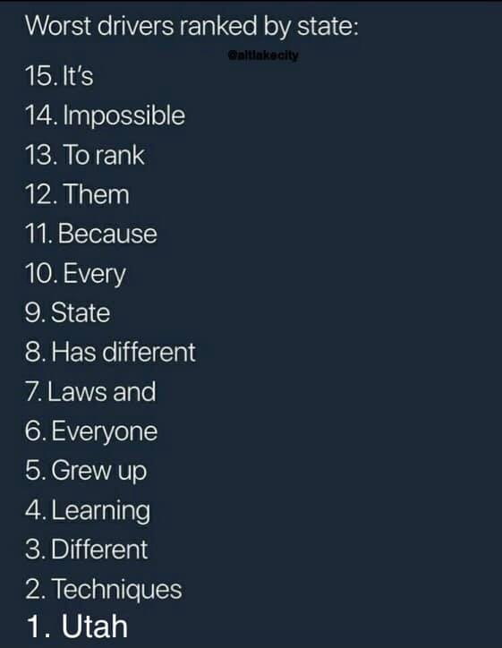 Jesusopochtli's tweet photo. #Utah #saltlakecity #memes #utahmemes #saltlakecitymemes #utahjazz #funny #drivers #driving #roadrage #podcast #podcaster #drinks https://t.co/19jB27sFCU