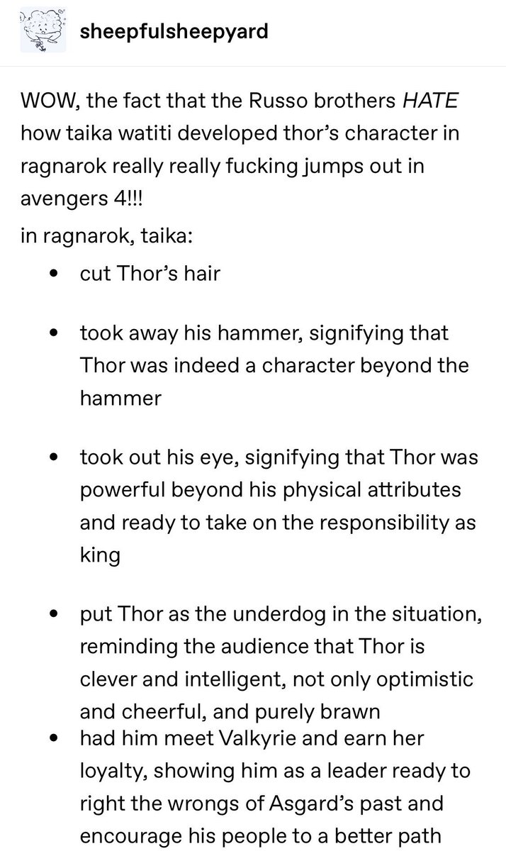 daredvvil's tweet photo. [ENDGAME SPOILERS]
this post explains exactly why the russos didn’t deserve thor !!! unforgivable https://t.co/URBwzA7jZQ